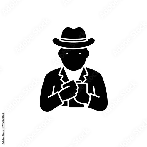 Man holding playing cards and wearing a hat in black silhouette  