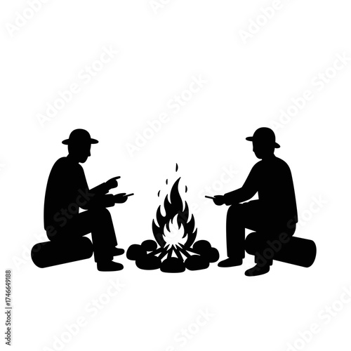 Two men sitting by a campfire roasting marshmallows at night  