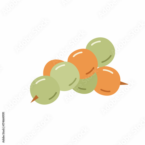 Colorful Dango Skewer: Green and Orange Mochi Balls on a Stick
