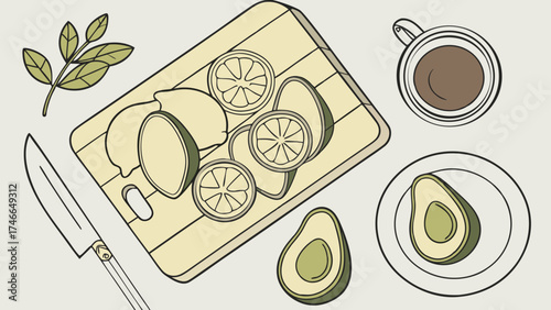 Flatlay illustration of sliced avocados lemons and limes on a wooden cutting board with a knife and a cup of coffee.