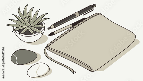 Flatlay image of notebook pens succulent and stones.