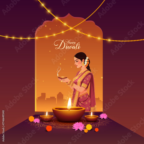 Happy Diwali Festival Vector Illustration Banner
