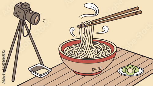 Food Photography Noodles Chopsticks Camera on Tripod Steaming Bowl of Noodles Asian Cuisine Delicious Meal Restaurant Menu Culinary Illustration Food Blog Recipe Cooking Food Styling.