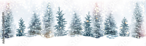 Merry Christmas holiday greeting card. Trees in the snow. Winter forest. Christmas ornament. Congratulation.