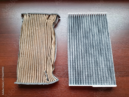 Old, dirty, and new cabin filters. Auto repair concept. Annual vehicle maintenance