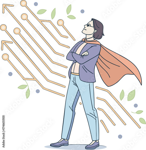 Confident Business Leader with Superhero Cape Standing for Innovation and Technology Growth