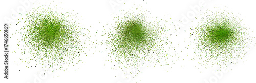 Assortment of scattered matcha green powder effects.