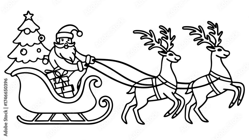 Fototapeta premium Santa claus in sleigh with two reindeer gift boxes and christmas tree outline vector illustration.