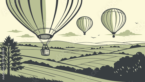 Hot air balloons over rural landscape illustration.