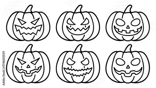 Set of six halloween pumpkins with carved faces and different jack-o'-lantern expressions outline style.