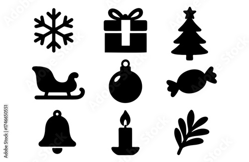 Christmas silhouette set with snowflake gift tree sleigh ornament candy bell candle and branch icons.