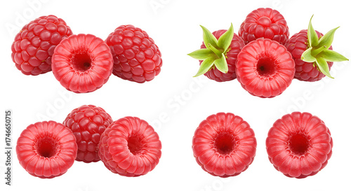 Fresh ripe red raspberries isolated on white background, healthy fruit perfect for cooking and desserts