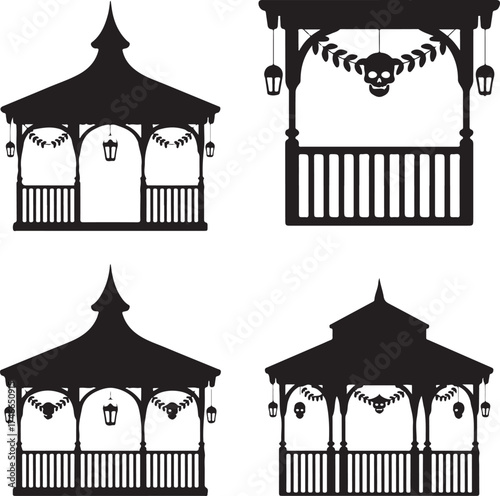 Halloween themed gazebo collection in silhouette style showcasing spooky decorations and architectural elegance with lanterns and skull motifs