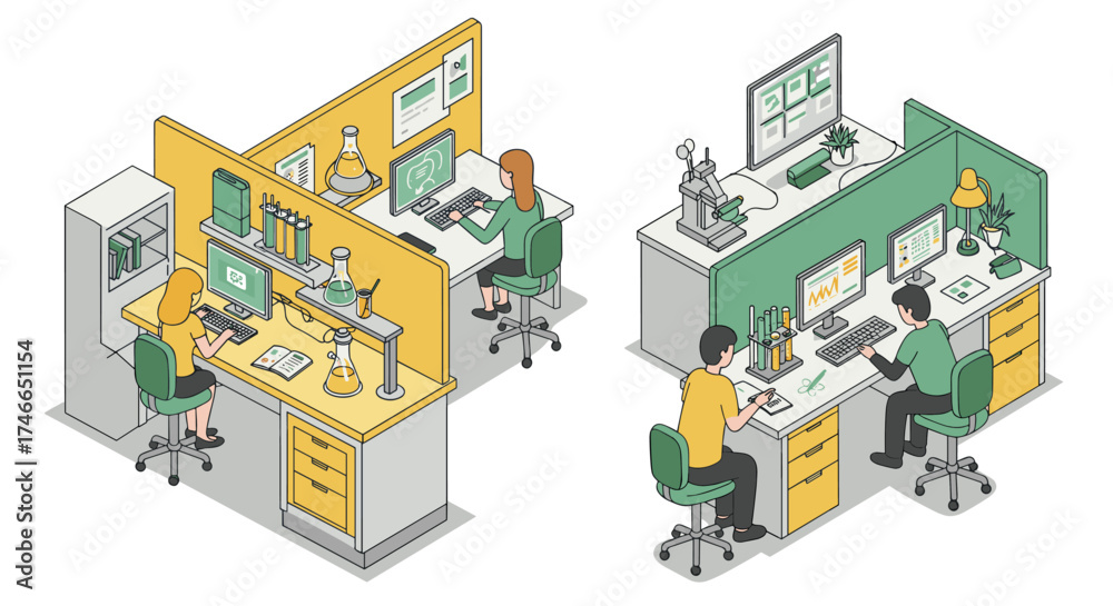 Fototapeta premium Isometric office workspace with scientists at work in modern lab setting