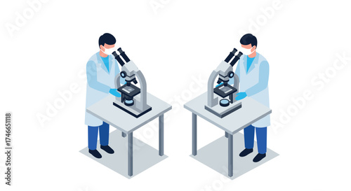 Isometric lab scene: scientists in white coats using microscopes