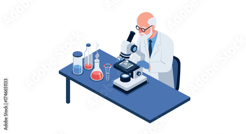 Scientist in laboratory analyzing samples with microscope in isometric style