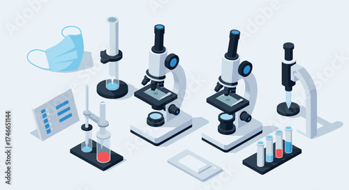 Isometric laboratory equipment: microscope and test tubes for scientific research