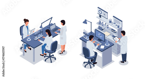 Isometric laboratory scene with scientists conducting research and experiments