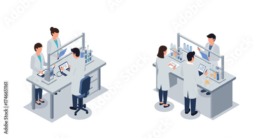 Isometric laboratory teamwork scene with scientists conducting experiments