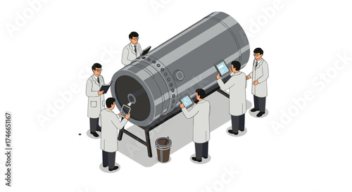 Scientists conduct precision inspection of large industrial equipment in isometric design
