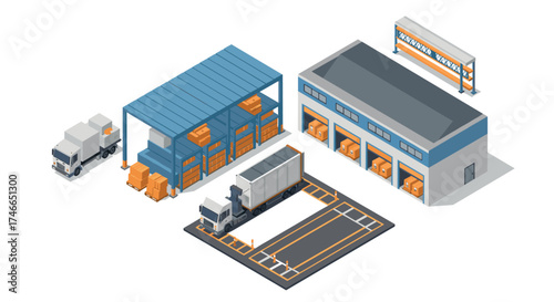 Isometric logistic hub with warehouse and delivery trucks