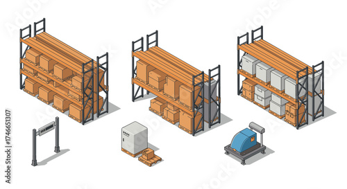 Industrial warehouse storage with isometric racking systems and equipment