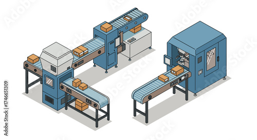 Automated package conveyor system with machinery in isometric style for modern warehousing