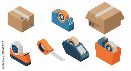 Isometric packaging and tape dispensers set in flat design