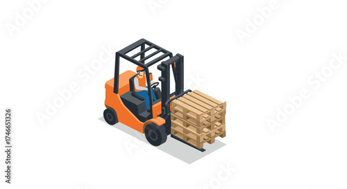 Isometric forklift carrying wooden pallets on white background