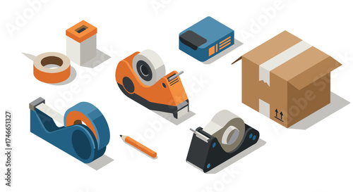 Isometric office supplies with tape dispensers and cardboard box