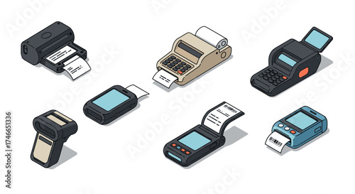Isometric set of mobile receipt printers and point of sale devices