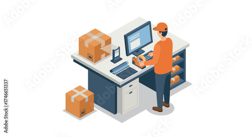 Warehouse worker managing inventory with computer and packages in isometric illustration