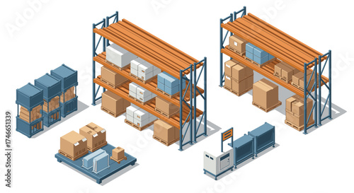 Isometric warehouse storage solutions with shelving units and packaging boxes