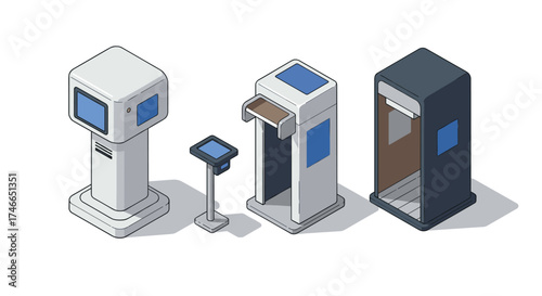 Isometric kiosks and booths set featuring modern touchscreen technology