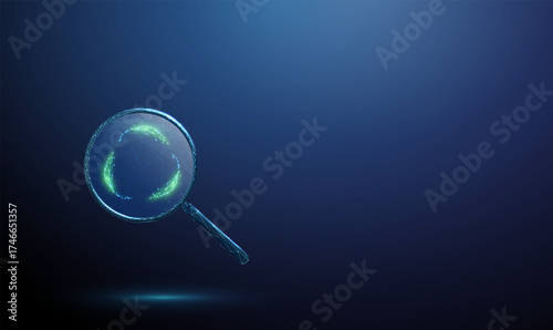 3d blue magnifying glass with three leaves arranged in a circle inside. Recycling, circular economy, green energy, resource conservation concept.