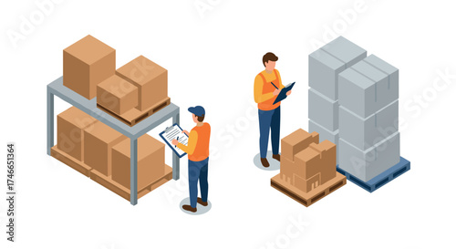 Warehouse workers managing inventory in isometric style