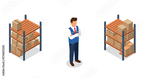 Warehouse manager with inventory and storage shelves in isometric style
