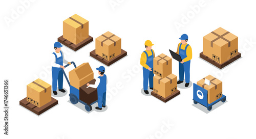 Isometric warehouse workers handling packages and cargo on white background