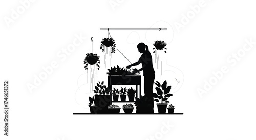 Silhouette of a person tending to plants in a greenhouse, surrounded by lush greenery.