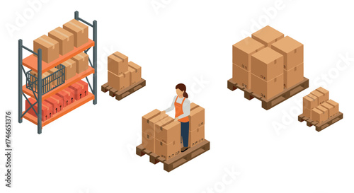 Warehouse operations isometric: worker managing boxes and pallets