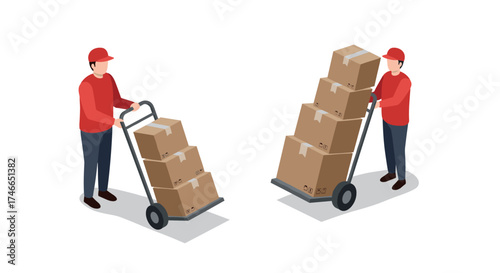 Isometric delivery workers with hand trucks and boxes for logistics and shipping