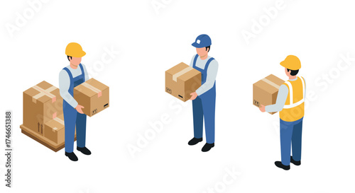 Isometric warehouse workers carrying cardboard boxes in uniforms