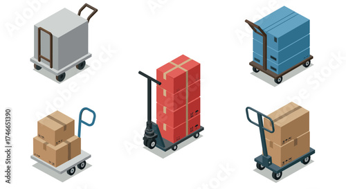 Isometric hand trucks and pallet jacks with boxes in warehouse setting