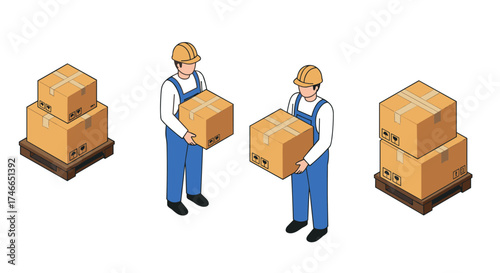 Delivery workers handling packages with safety helmets in isometric style