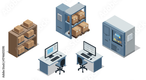 Isometric office and warehouse setup with computers and boxes