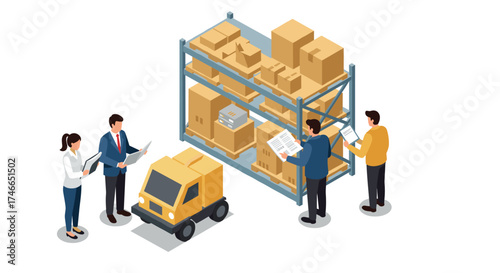 Isometric warehouse logistics with workers, shelves, and delivery truck