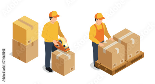 Isometric warehouse workers preparing and organizing cardboard boxes
