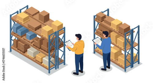 Warehouse inventory management with workers and shelving racks in isometric style