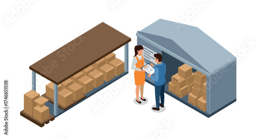 Isometric warehouse scene with workers checking inventory and storage boxes