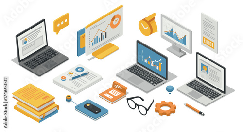 Isometric office workspace with laptops and business analytics elements